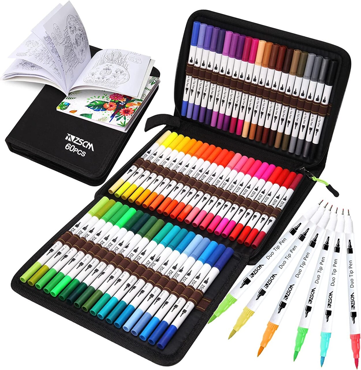 ZSCM Duo Tip Brush Coloring Pens,60 Colors Art Markers,Fine & Brush Tip Pen  for Kids Adults Coloring Book Bullet Journals Planner Writing Drawing Note  Taking, Include Brush Lettering Calligraphy